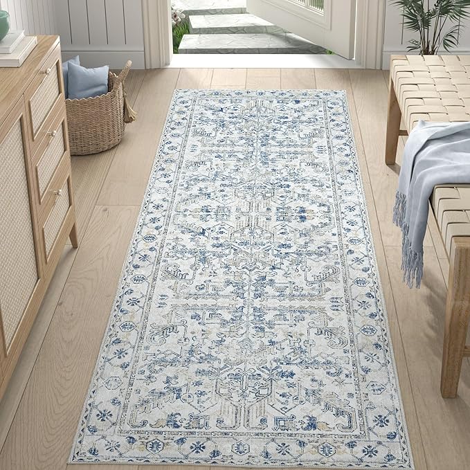 jinchan Lima Runner Rug 2x6 Washable Hallway Runner - Vintage Floral Non Slip Low-Pile Soft Ultra-Thin Kitchen Rug Distressed Carpet for Farmhouse Bedroom Entryway Laundry Room (2x6ft, Blue)
