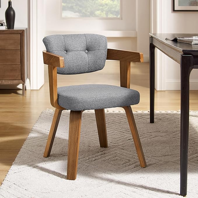 Art Leon Office Chair No Wheels - Mid Century Modern Chair, Fabric Upholstered Desk Chair Without Wheels, Accent Arm Chair with Wood Legs for Small Spaces Living Room Bedroom Study, Gray/Walnut