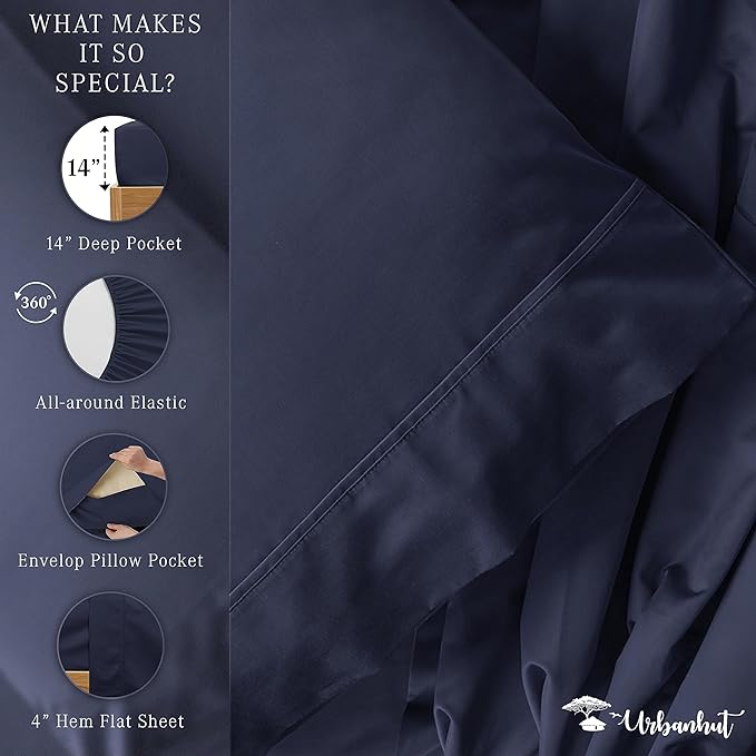 URBANHUT 800 Thread Count 100% Cotton Twin Size Sheets, Luxury 4 Piece Twin Bedsheets, Hotel Sheets Sateen Finish - Better Than Egyptian, 14" Elasticized Deep Pocket - Navy Blue