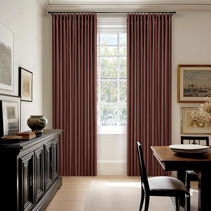 Red Brown 80 Inch Pinch Pleated Black Out Curtains 2 Panel Set for Living Room Pinch Pleat Linen Drapes with Liner 80 Inches Long 100% Blackout Light Blocking Energy Saving Curtain for Dining Bedroom
