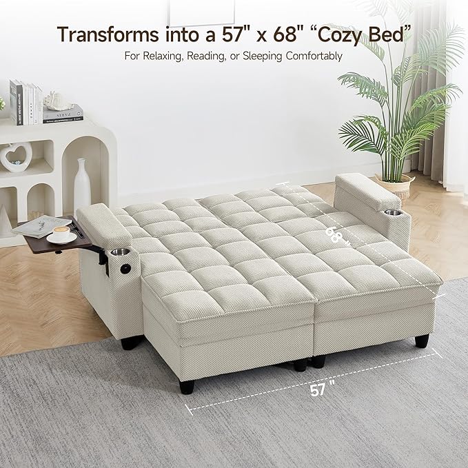 70.9" Chaise Lounge Chair Indoor, Oversized Boucle Upholstered Sofa Bed, Adjustable Backrest Deep Seat Reading Chair, Sofas Couches for Living Room with Storage, Cup Holders & 360° Swivel Side Table