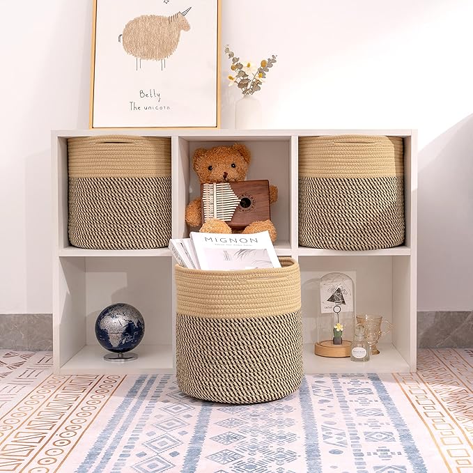 voten Storage Cubes Baskets Bins Organizer 11x11x11'' Fit 12x12''Cube Storage Organizer Bookcases Shelf,Durable Woven Cotton Storage Basket for Organizing,Round 3Pack Camel/Mixed Black
