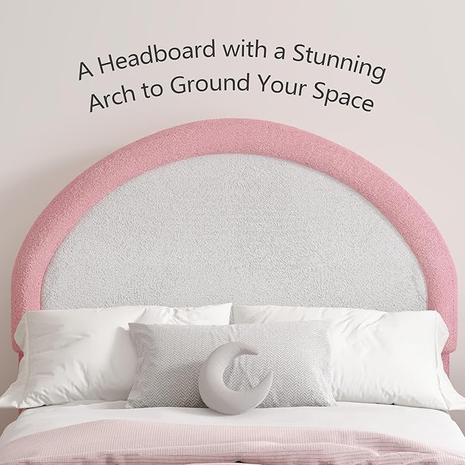 Twin Bed Frames with Headboard, Boucle Upholstered Platform Bed, White Bed Frame, Soft Rounded Corners, No Box Spring Needed, Easy Assembly, Pink&White