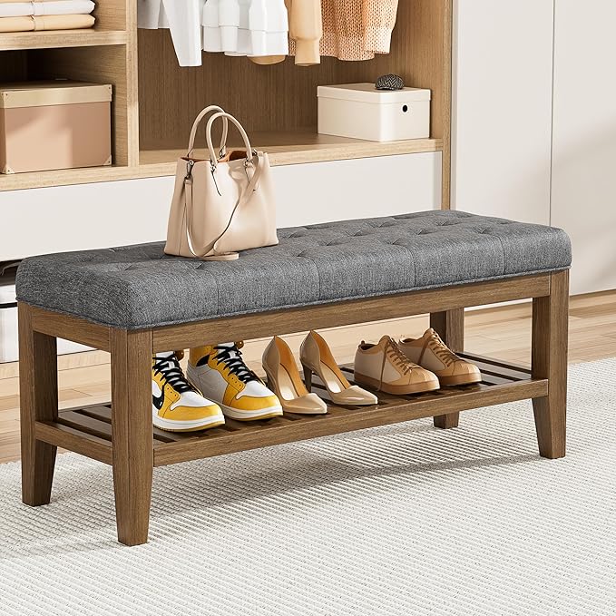 End of Bed Storage Bench, 42.9" Entryway Shoe Bench with Solid Wood Shelf, Upholstered Ottoman with Padded Seat for Bedroom, Hallway and Lining Room, Dark Gray