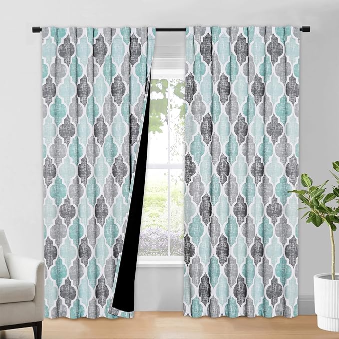 Beauoop 100% Blackout Curtains 84 Inches Long 2 Panels for Bedroom Living Room Aqua Grey Moroccan Geo Room Darkening Thermal Insulated Soundproof Rod Pocket Back Tab Window Treatments Drapes, 50x84