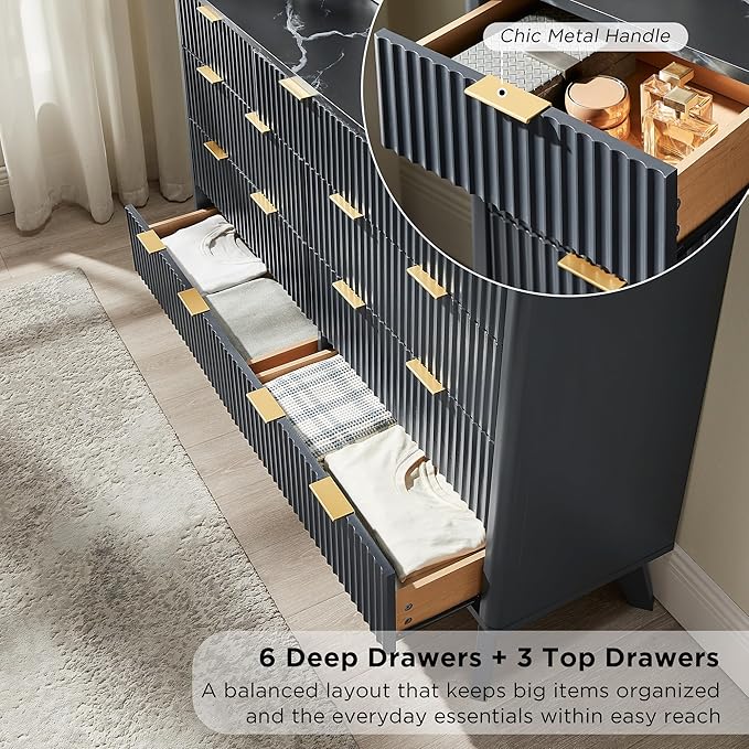 T4TREAM Fluted 9 Drawers Dresser, 54" Wide Modern Chest of Drawers with Faux Marble Top, Curved Profile Design, Dresser TV Stand, Wood Drawer Organizer for Bedroom, Living Room, Hallway, Dark Grey
