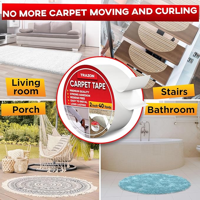 Carpet Binding Tape Double Sided - 2 In / 120 Ft (40 Yards) Tape Grippers for Hardwood Floors and Area Rugs - Strong Adhesive and Removable, Heavy Duty Stickers, Residue Free