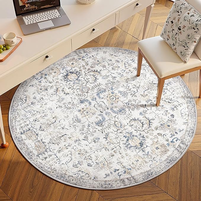 jinchan Kalen Round Rug 5ft Area Rug Washable Vintage Indoor Retro Accent Entryway Floor Cover Distressed Floral 5' Round Circle Boho Non Slip Thin Carpet for Bedroom Living Room Dining Room Blue