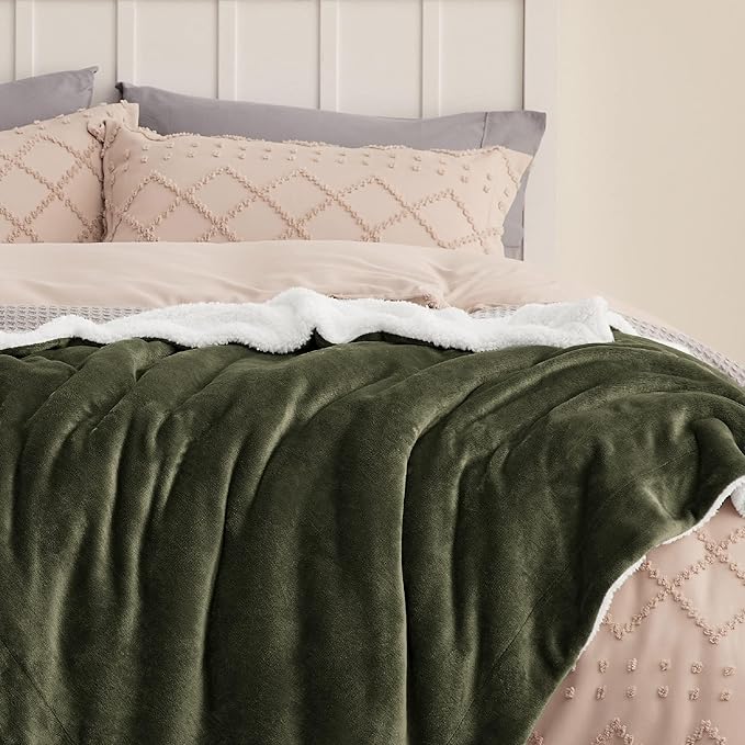 Bedsure GentleSoft Sherpa Fleece Throw Blanket Twin Size for Couch - Thick and Warm Throw for Women and Men, Soft Fuzzy Plush Twin Blanket for Winter, Olive Green, 60x80 Inches
