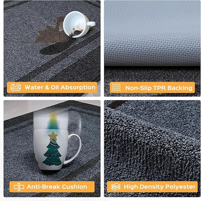 Kitchen Rugs Set (24" x 36"+24" x 60"), Non-Slip Machine Washable Kitchen Runner Rugs Floor Mats, Absorbent Comfort Standing Mat for Kitchen, Sink and Hallway, Rolled Packaging, Bluish Grey & Charcoal
