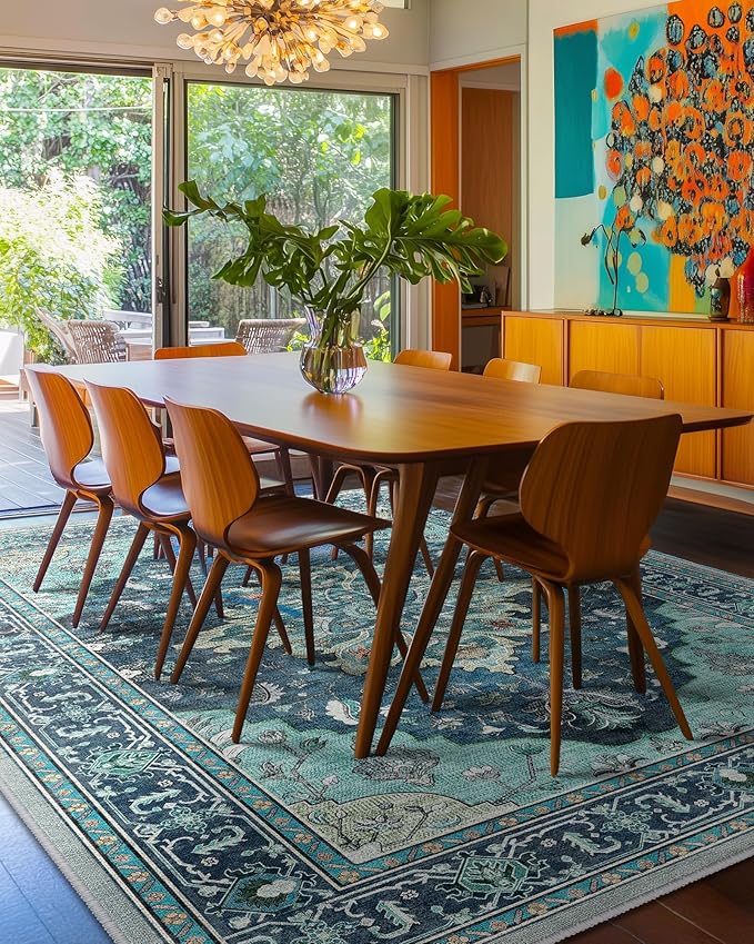Area Rugs 10'x12' Washable Non-Slip, Floral Vintage Distress Print Pattern Medallion Carpet for Living Room Bedroom Dining Room, Teal Green Lake Blue Turquoise