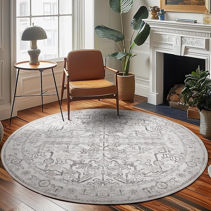 jinchan Lima Round Rug 7ft Vintage Machine Washable Area Rug Indoor Circle 7' Ultra-Thin Non-Slip Floral Print Carpet for Farmhouse Entryway Dining Room Living Room Bedroom Office (7'Round, Taupe)