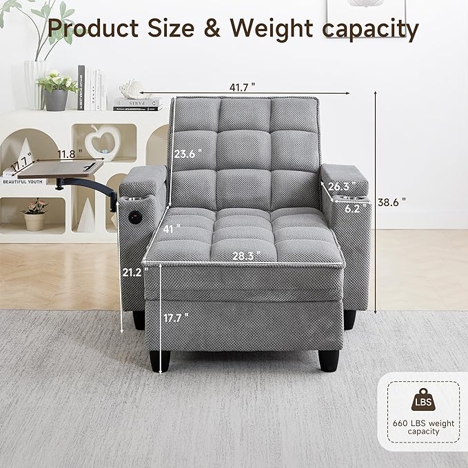 41.7" Chaise Lounge Chair Indoor, Oversized Boucle Upholstered Sofa Bed, Adjustable Backrest Deep Seat Reading Chair, Sofas Couches for Living Room with Storage, Cup Holders & 360° Swivel Side Table