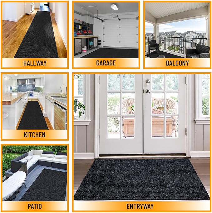 Ottomanson 3'11" x 19' Hallway Runner with Scraper Pile - Extra Durable Non-Slip Rug Mat for Indoor & Outdoor Use - Ideal for Kitchen, Entryway & Garage - High-Traffic Carpet, Black