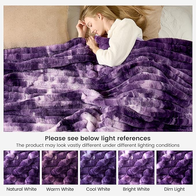 Cozy Bliss Faux Fur Throw Blanket for Couch, Cozy Warm Plush Striped Blanket for Sofa Bedroom Living Room, 108 * 90 Inches Tie-dye Purple
