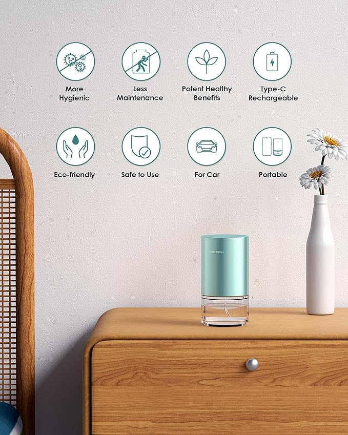 Airversa Essential Oil Diffuser Waterless Aromatherapy Diffusers for Home Large Room, Bedroom, Car, Office, Desk, Battery Operated, Small Diffuser for Pure Scent, 100mL Capacity, AN9 (Mint)