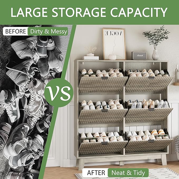 Shoe Cabinet with 6 Flip Drawers, 54" Tall Narrow Fluted Shoe Storage Organizer for Entryway, Hidden Slim Wooden Shoe Rack Cabinet for Front Door Entrance, Hallway, Living Room, Light Grey