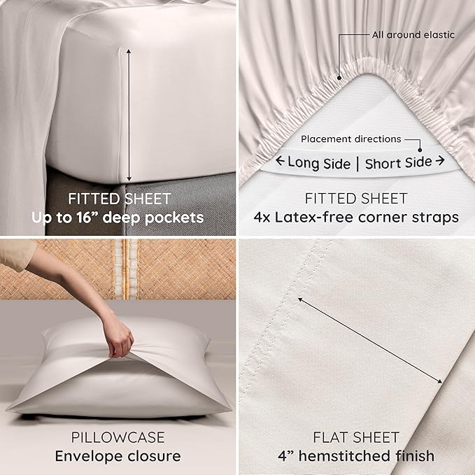 Bambaw 100% Viscose Derived from Bamboo Sheets King Size Set – 4pcs Luxury Bed Sheet Set, Best Cooling Sheets for Hot Sleepers, Soft & Breathable, Fits Up to 16'' Deep Pocket (Sand)