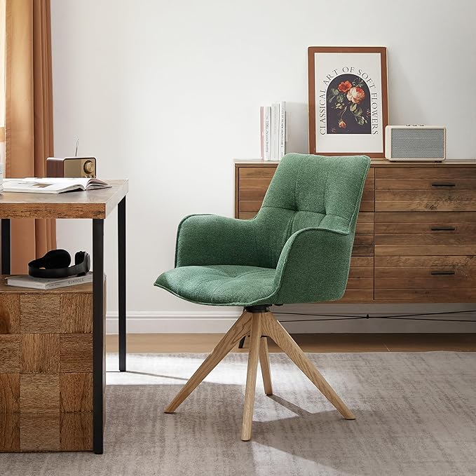 Art Leon Desk Chair Without Wheels - Mid Century Modern Swivel Office Chair, Fabric Upholstered Accent Chair with Oak Wood Legs for Small Space Living Room Bedroom, Set of 2, Green