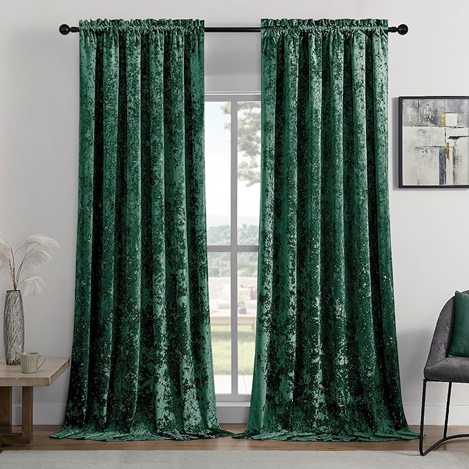SMILETIME Forest Green Crushed Velvet Curtains 52x84inch Rod Pocket Luxurious Thermal Insulated Soundproof Drapes Soft and Durable Light-Filtering Window Treatments for Living Room Bedroom, 2 Panels