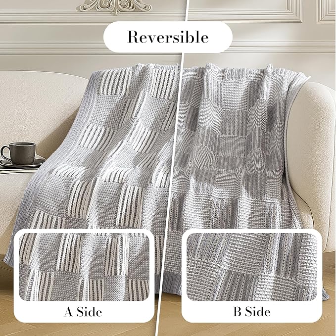 Amélie Home Checkered Knit Throw Blanket for Couch, Chenille Texture Decorative Soft Blanket for Sofa & Chair, 50"x60", Grey & White
