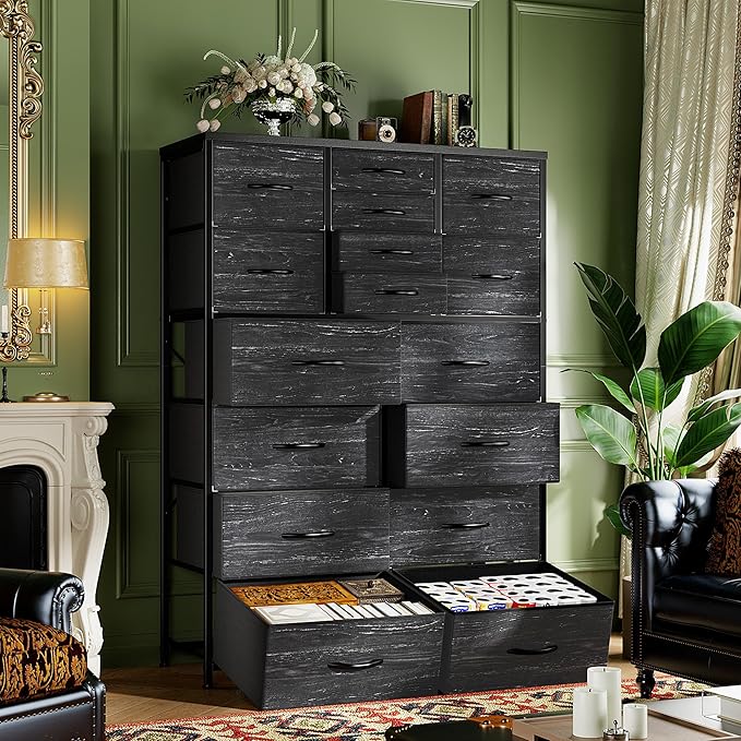 57“H Dresser for Bedroom with Drawers, Fabric Dressers & Chests of Drawers, Large Black Dresser with Sturdy Metal Frame, Wood Top,Entryway, Hallway