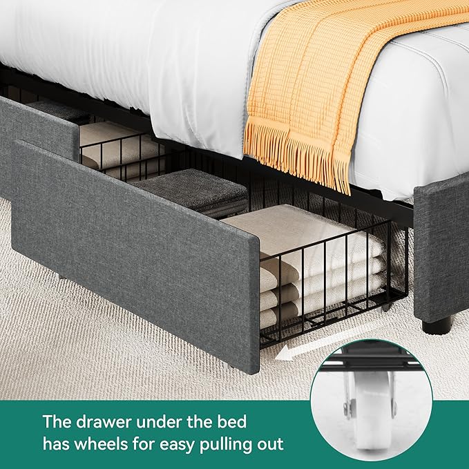 YITAHOME King Bed Frame with 4 Storage Drawers, Upholstered Platform Bed Frame with Adjustable Rivet-Trimmed Headboard, USB & Type-C Charging Ports, Wooden Slats, Easy to Assemble (Gray)