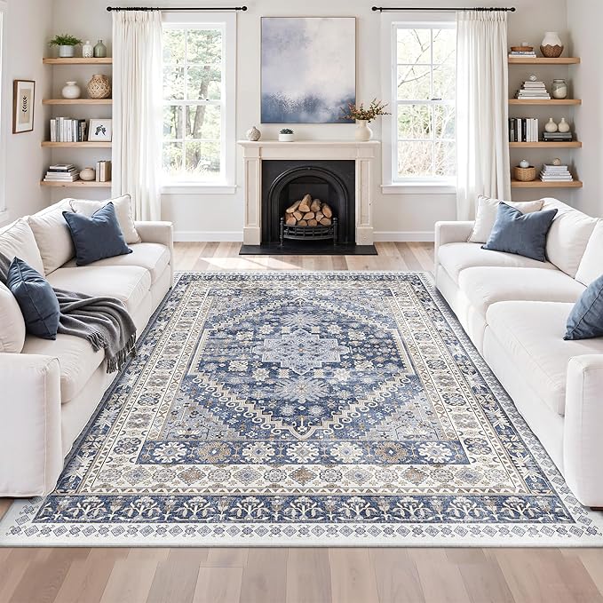 zesthome 5x7 Area Rugs - Ultra-Thin Washble Rug, Stain Resistant Anti Slip Backing Rugs for Living Room,Bedroom, Vintage Home Decor Area Rug (Blue/Beige,5'x7')