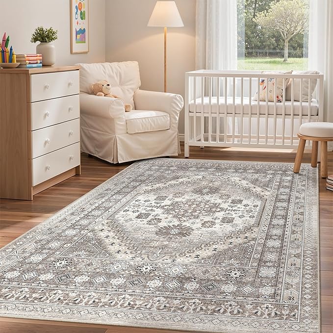 zesthome 3x5 Area Rug Ultra Soft Washable Rug, Non Slip Area Rug Indoor Entrance, Stain Resistant Rugs for Living Room Bedroom Vintage Home Decor (Brown/Beige,3'x5')