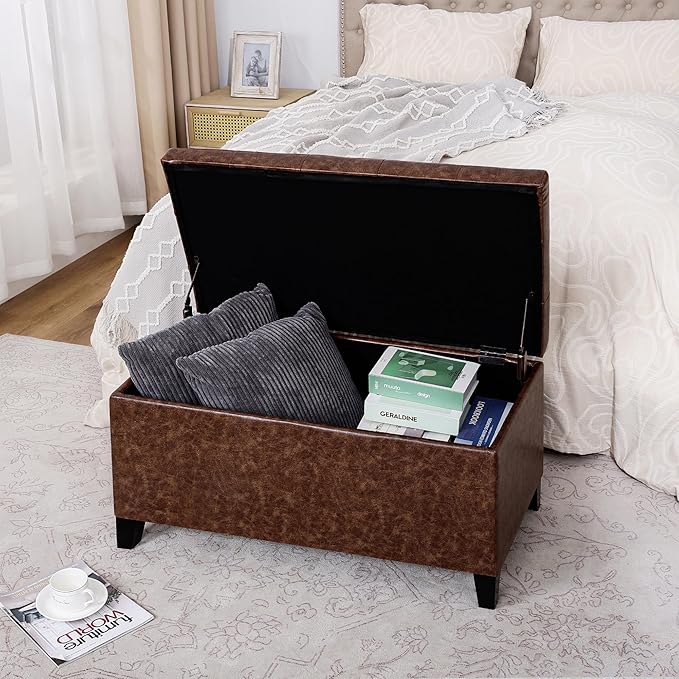 Asense Storage Ottoman Bench, Faux Leather Upholstered End of Bed Bench with Safety Hinge Wooden Legs, for Entryway Bedroom