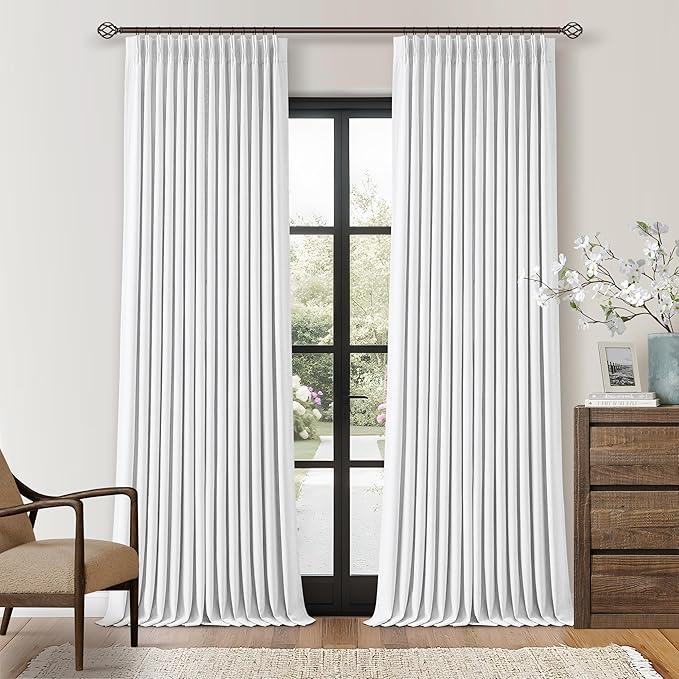 Neutral White Linen Pinch Pleated Blackout Curtains 108 Inches Long for Bedroom Pleated 100% Black Out Drapes with Liner Off White Farmhouse Country Extra Long 108 Inch Curtain for Living Dining Room