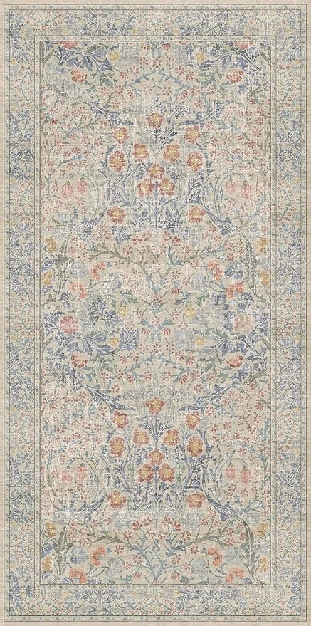 Large 3x6 Entryway Rug Indoor - Washable Non-Slip Low Pile Stain Resistance Ultra Soft Area Rug for Large Kitchen, Bedroom Beside Bed - Vintage Floral Beige Blue Home Decor
