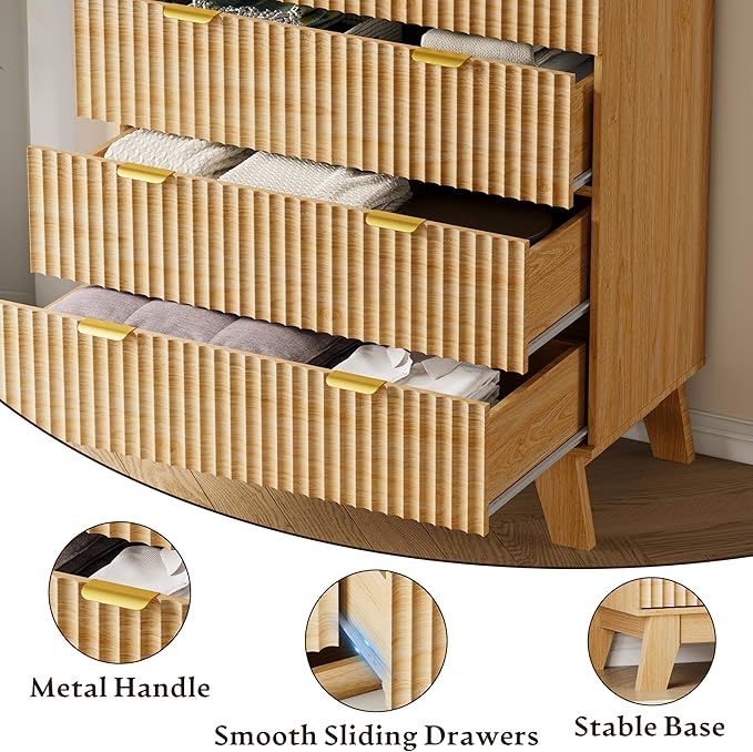 46" Tall Dresser for Bedroom, 6-Drawer Fluted Chest of Drawers, Modern Wood Highboy with Deep Storage, Metal Slides and Handles, Anti-Tip Kit, Vertical Clothes Organizer for Apartment, Nursery