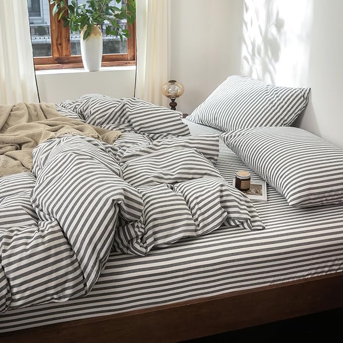 FOSSA Striped Duvet Cover Set 100% Washed Cotton Linen Feel Super Soft Breathable Cozy 3 Pieces Bedding Sets Dark Grey White Classic Stripes King