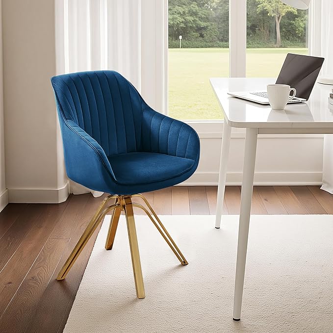 Zouron Mid Century Modern Swivel Accent Chair with Gold Metal Legs, Upholstered Swivel Chair No Wheels, Side Accent Arm Chair Vanity Chair for Small Space Home Office Living Room Bedroom, Dark Blue