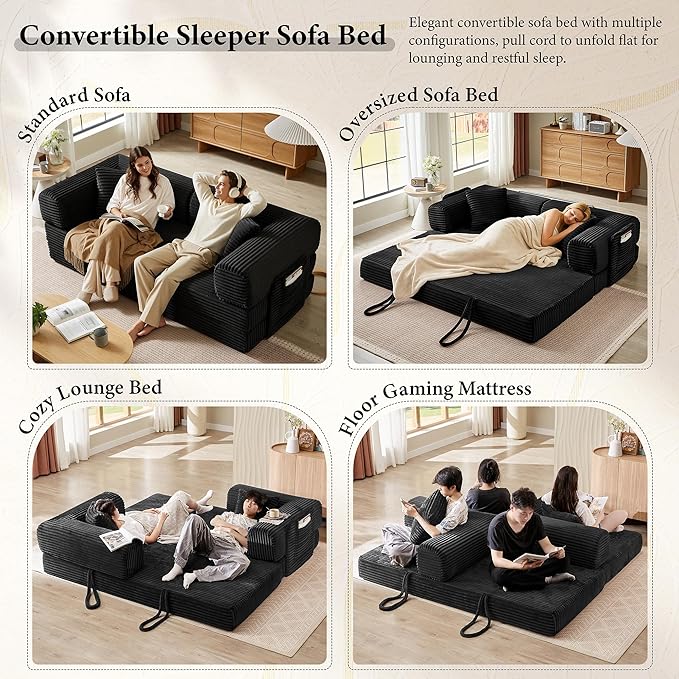 Boneless Couch Folding Couches for Living Room Sofa, Futon Sofa Bed with Sleeper Sofa, Futon Couch with Fixed-Shape Oversized Corduroy Upholstered (Black, 81 Inches)