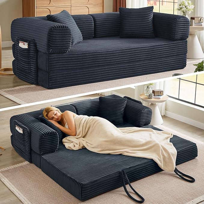Boneless Couch Folding Couches for Living Room Sofa, Futon Sofa Bed with Sleeper Sofa, Futon Couch with Fixed-Shape Oversized Corduroy Upholstered (Dark Gray, 81 Inches)