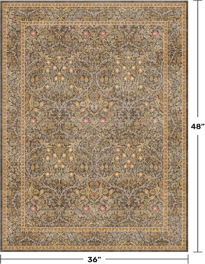 Vintage Gold Brown Entryway Rug, 3x4 Washable Area Rugs for Kitchen, Bathroom, Bedroom, Oriental Low Pile Stain Resistant Non-Slip Small Throw Rug