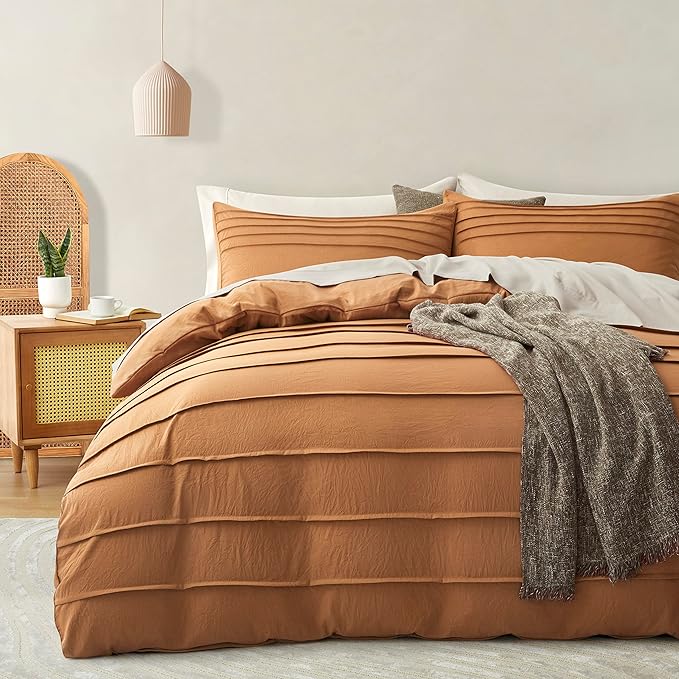 Oli Anderson Pumpkin Brown Duvet Cover Queen Size - Pleated Queen Duvet Cover, 3PCS Soft and Breathable Textured Bedding Set with Zipper Closure(Pumpkin Brown,90"x90")