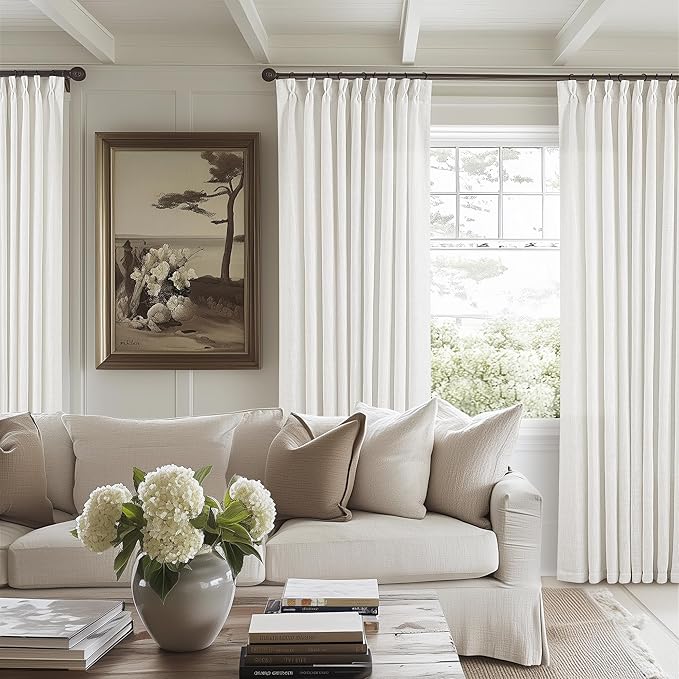 Beige White Pinch Pleated Linen Curtains 96 Inches Long 60 Inch Width Linen Blend Light Filtering Window Curtains 96 Inch for Living Room Bedroom Patio Pinch Pleat Drapes Hooks Rings 1 Panel 60Wx96L