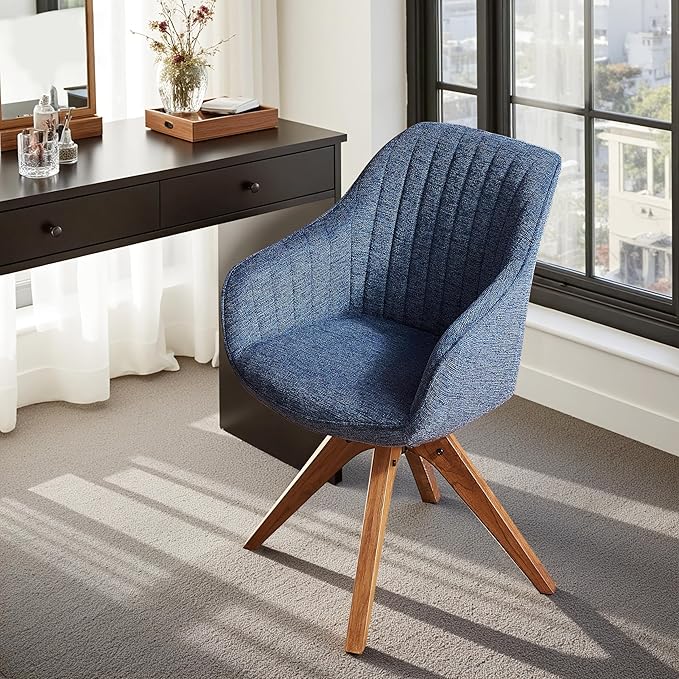 Zouron Mid Century Modern Accent Chair with Wooden Legs, Upholstered Swivel Chair No Wheels, Side Accent Armchair Vanity Chair for Small Space Home Office Living Room Bedroom, Blue