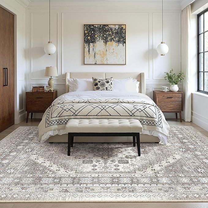 zesthome 7x9 Area Rug, Super Soft Washable Rugs for Living Room, Non-Slip Stain Resistant Vintage Rugs, Ultra-Thin Large Area Rugs (Brown/Beige,7'x9')