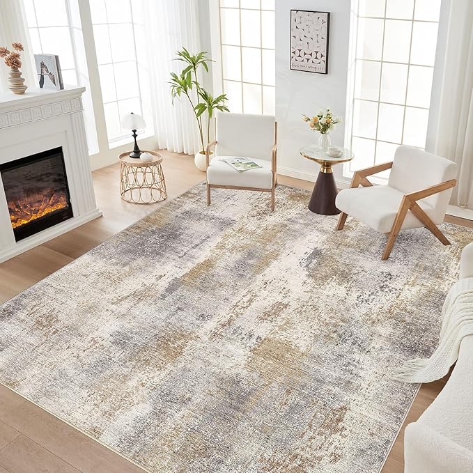 Area Rug Living Room Rugs - 6x9 Washable Soft Indoor Neutral Modern Abstract Low Pile Rug Carpet for Bedroom Dining Room Farmhouse Home Office - Brown Grey