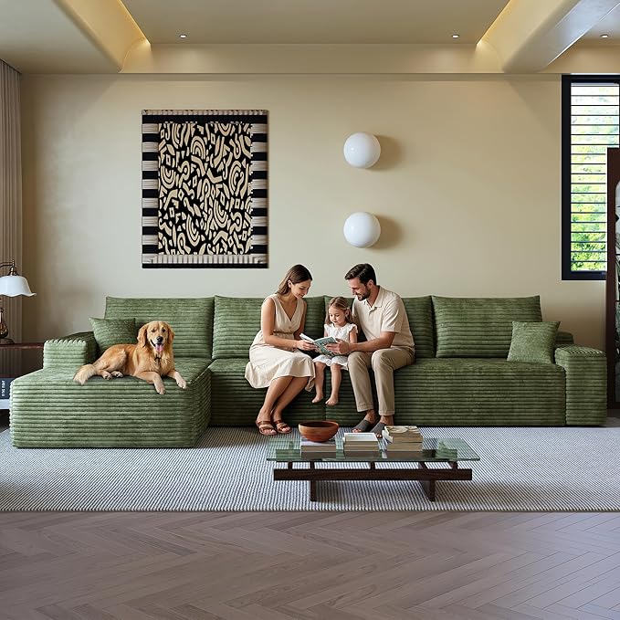136" Sectional Couches for Living Room Modern Modular Sofa with L-Shape Couchs Upholstered Boneless Couch Deep Seat Sectional Couch with Chaise (Green, Left Facing Chaise+3Seaters)