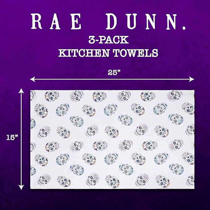 Rae Dunn Set of Hand Towels for Kitchen and Bathroom, 100% Cotton, Embroidered Dish Towels, Decorative Hand Towels, Skulls/Gray, 3 Pack