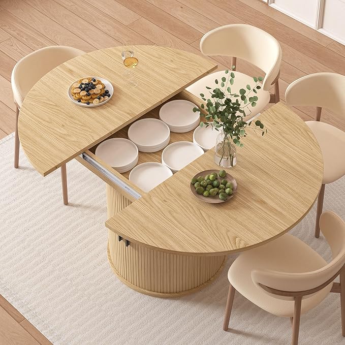 Vipbear Extendable Dining Table 43-59" for 4-6 People, Solid Wood Top with Fluted Slide Door & 8-Compartment Storage, Space Saving Round Dining Room Kitchen Dinner Tables Furniture with Pedestal Base