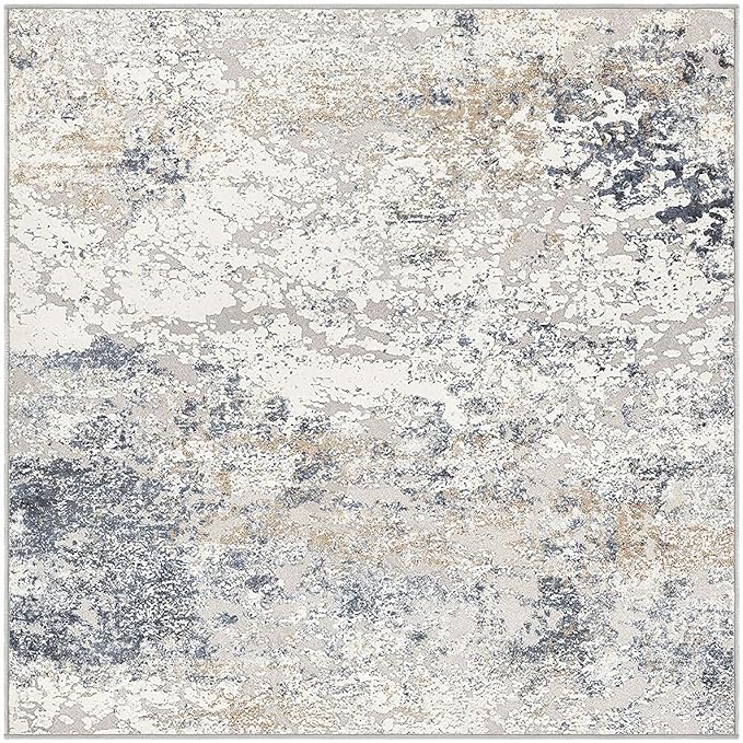 Square Area Rug Living Room Rugs - 6x6 Washable Large Soft Indoor Neutral Modern Abstract Low Pile Rug Carpet for Bedroom Dining Room Farmhouse Home Office - Beige Blue