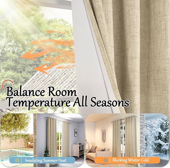 100% Blackout Curtains 95 Inches Long for Living Room 2 Panels Set, Faux Linen Textured Floor Length 95 Inch Thermal Insulated Bronze Grommet Boho Window Drapes, Each 52" Wide, Burlap
