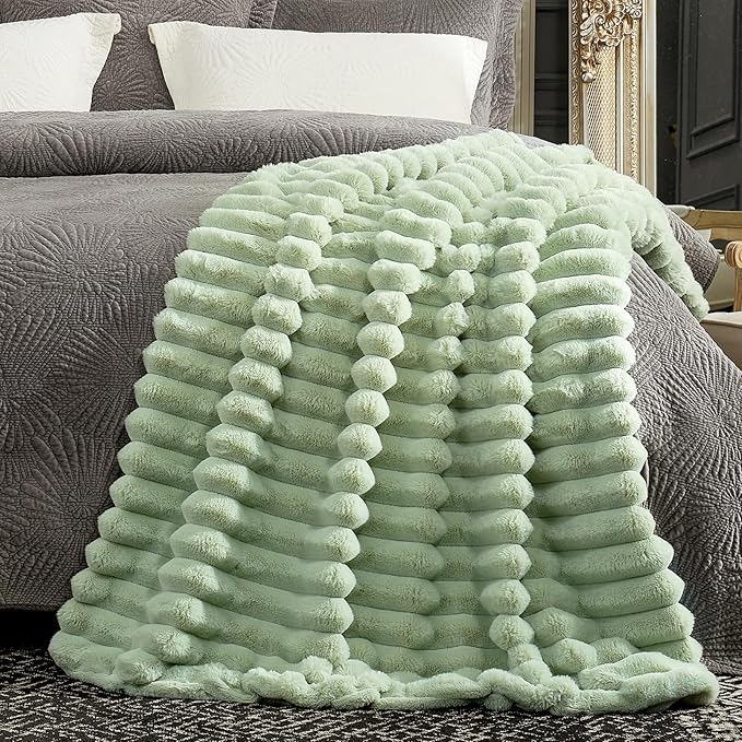 Cozy Bliss Faux Fur Throw Blanket for Couch, Cozy Warm Plush Striped Blanket for Sofa Bedroom Living Room, 60 * 80 Inches Sage Green