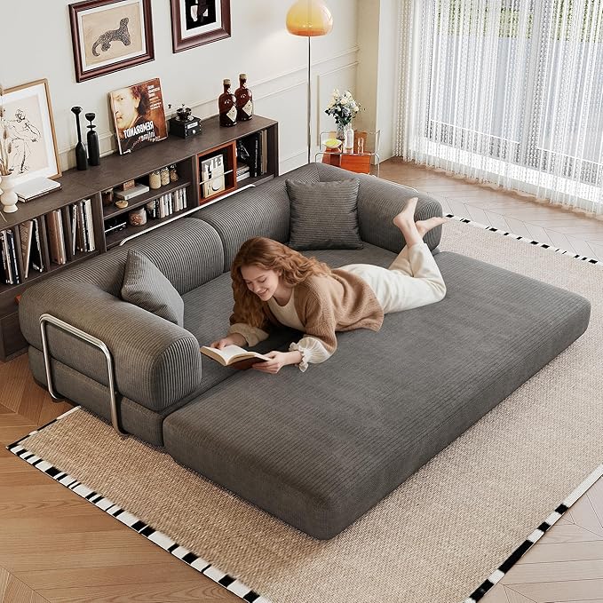 79" Convertible Sofa Bed, Corduroy Folding Pull Out Couch with Pillows, No Assembly Modern Boneless Couch Compression Sofa in Box, Floor Sofa with Support Rods for Living Room,Grey